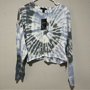 FOREVER 21 Knit Top Womens Large Blue White Dye Cropped Long Sleeve NWT